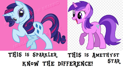 Size: 1089x602 | Tagged: safe, amethyst star, sparkler, pony, simple background, text