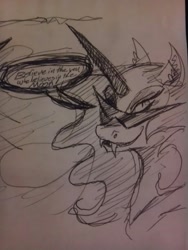 Size: 960x1280 | Tagged: safe, artist:negativefade, nightmare moon, kamina sunglasses, monochrome, sketch, solo, traditional art