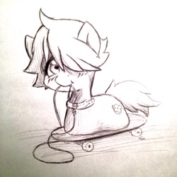 Size: 1280x1280 | Tagged: safe, artist:taps, oc, oc only, oc:clover, earth pony, pony, :t, amputee, blushing, collar, cute, female, hair over one eye, leash, legless, looking at you, mare, monochrome, mouth hold, skateboard, smiling, solo, stump, traditional art