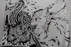 Size: 2789x1840 | Tagged: safe, artist:frisky, oc, oc only, ink, monochrome, solo, surreal, traditional art, trippy