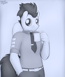 Size: 1089x1280 | Tagged: safe, artist:devs-iratvs, soarin', anthro, clothes, coffee, solo, uniform