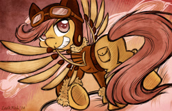 Size: 1280x828 | Tagged: safe, artist:abbystarling, scootaloo, pegasus, pony, artificial wings, augmented, aviator glasses, aviator hat, bomber jacket, goggles, hat, looking at you, looking back, looking back at you, mechanical wing, plot, scootaloo can fly, solo, steampunk, underhoof, wings