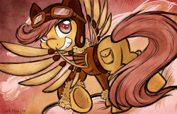 Size: 1280x828 | Tagged: safe, artist:abbystarling, scootaloo, pegasus, pony, artificial wings, augmented, aviator glasses, aviator hat, bomber jacket, feminism, goggles, hat, looking at you, looking back, looking back at you, mechanical wing, plot, scootaloo can fly, solo, steampunk, underhoof, wings