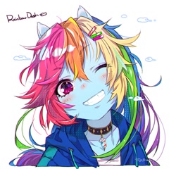 Size: 650x650 | Tagged: safe, artist:jojo0327, rainbow dash, equestria girls, anime, blushing, bust, choker, clothes, cloud, cute, cutie mark accessory, dashabetes, female, hoodie, looking at you, one eye closed, ponied up, simple background, smiling, solo, white background, wink