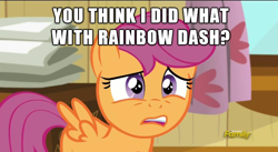 Size: 610x335 | Tagged: safe, edit, edited screencap, screencap, scootaloo, pegasus, pony, caption, discovery family logo, female, filly, foal, image macro, meme