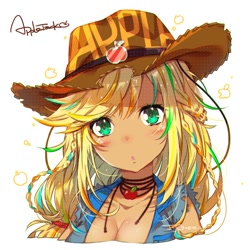 Size: 650x650 | Tagged: safe, artist:jojo0327, applejack, human, anime, apple, blushing, braid, breasts, bust, cowboy hat, cute, denim jacket, female, food, hat, humanized, jackabetes, looking at you, simple background, solo, white background