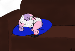 Size: 1147x780 | Tagged: safe, artist:merkleythedrunken, sweetie belle, behaving like a cat, remote, sleeping, solo