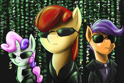 Size: 1500x1000 | Tagged: safe, artist:d-lowell, apple bloom, scootaloo, sweetie belle, clothes, cutie mark, cutie mark crusaders, suit, suitaloo, sunglasses, the matrix