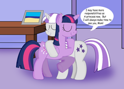 Size: 900x649 | Tagged: safe, artist:cyber-murph, twilight sparkle, twilight sparkle (alicorn), twilight velvet, alicorn, pony, cute, daaaaaaaaaaaw, eyes closed, female, hug, mare, mother and child, mother and daughter, parent and child, smiling, speech bubble