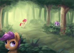 Size: 2500x1796 | Tagged: safe, artist:chiramii-chan, apple bloom, scootaloo, sweetie belle, earth pony, pegasus, pony, unicorn, apple bloom's bow, bow, bush, bushicorn, cutie mark crusaders, female, filly, forest, grass, hair bow, hide and seek, hiding, newbie artist training grounds, signature, tree