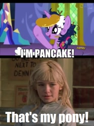 Size: 456x614 | Tagged: safe, edit, screencap, twilight sparkle, twilight sparkle (alicorn), alicorn, human, castle sweet castle, bench, cabin fever, caption, discovery family logo, food, horn impalement, i'm pancake, image macro, long hair, male, meme, movie, pancakes, that's my pony, that's my x