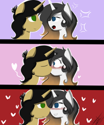 Size: 2480x3000 | Tagged: safe, artist:scarlett-letter, oc, oc only, oc:satiric write, oc:scarlett letter, alicorn, pony, unicorn, ashamed, blushing, couple, female, heart, kissing, love, male, mare, no pupils, shipping, stallion, straight