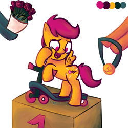 Size: 1000x1000 | Tagged: safe, artist:chrisrainicorn, scootaloo, bouquet, cute, cutealoo, cutie mark, cutiespark, good end, heartwarming, medal, plausible, scootalove, simple background, tears of joy