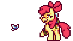 Size: 244x136 | Tagged: safe, artist:mrponiator, apple bloom, earth pony, pony, bloom and gloom, animated, bow, female, filly, hair bow, hoof hold, pest control gear, pixel art, raised hoof, season 5 pixel art, simple background, smiling, smirk, solo, that was fast, transparent background, twitbuster apple bloom, twittermite
