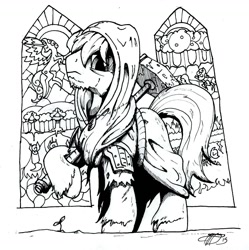 Size: 1477x1485 | Tagged: safe, oc, oc only, oc:gardener, fallout equestria, fallout equestria: gardener, cloak, clothes, ink, monk, monochrome, sledgehammer, solo, sprout, stained glass, traditional art