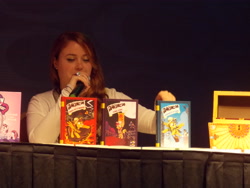 Size: 4608x3456 | Tagged: safe, daring do, human, daring do adventure collection, g.m. berrow, irl, irl human, panel, photo, trotcon, trotcon 2015