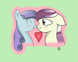 Size: 733x585 | Tagged: safe, artist:php8, fleur de verre, sapphire joy, crystal pony, pony, blushing, cute, eyes closed, female, floppy ears, grin, heart, lesbian, shipping, smiling