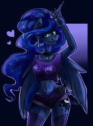 Size: 1439x1956 | Tagged: safe, artist:tu-kierownik, princess luna, anthro, alternate hairstyle, belly button, breasts, clothes, daisy dukes, ear piercing, earring, ethereal mane, female, heart, jewelry, long socks, looking at you, mare, midriff, necklace, piercing, pose, princess balloona, purple underwear, short shirt, shorts, signature, simple background, smiling, solo, starry mane, underwear