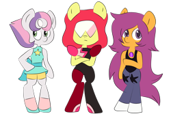 Size: 2100x1400 | Tagged: safe, artist:archerinblue, apple bloom, scootaloo, sweetie belle, anthro, unguligrade anthro, amethyst (steven universe), cutie mark crusaders, garnet (steven universe), pearl (steven universe), steven universe