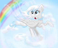 Size: 782x640 | Tagged: safe, artist:shadow strike, oc, oc only, oc:snow shield, pegasus, pony, cloud, cloudy, rainbow background, snow, solo