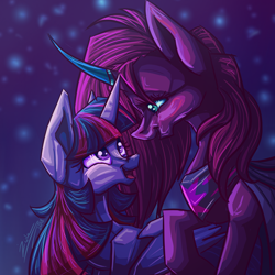 Size: 1900x1900 | Tagged: safe, artist:tu-kierownik, tempest shadow, twilight sparkle, twilight sparkle (alicorn), alicorn, pony, unicorn, artificial horn, curved horn, female, happy, lesbian, prosthetic horn, prosthetics, royal guard, shipping, smiling, tempest becomes a royal guard, tempest gets her horn back, tempestlight