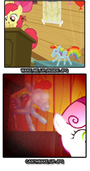 Size: 370x700 | Tagged: safe, apple bloom, sweetie belle, bloom and gloom, balloon rainbow dash, bring me to life, evanescence, rainbow dash balloon