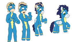 Size: 2592x1534 | Tagged: safe, artist:mutrio, soarin', human, pegasus, pony, human to pony, male, simple background, solo, transformation, transformation sequence, transparent background, wonderbolts uniform