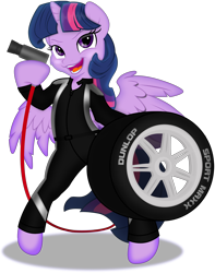 Size: 1280x1628 | Tagged: safe, artist:illumnious, artist:kp-shadowsquirrel, artist:totallynotabronyfim, edit, twilight sparkle, twilight sparkle (alicorn), alicorn, pony, bipedal, clothes, fanfic art, female, fire suit, hose, mare, smiling, solo, tire, wrench