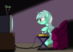 Size: 1056x756 | Tagged: safe, artist:lifesharbinger, lyra heartstrings, :p, arcade stick, chair, controller, gamer, gamer lyra, glare, hoof hold, joystick, sitting, smirk, solo, television, tongue out, video game