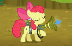 Size: 1094x708 | Tagged: safe, edit, edited screencap, screencap, apple bloom, earth pony, pony, bloom and gloom, eyes closed, female, filly, pest control gear, pun, smiling, solo, twitbuster apple bloom, twitter, twittermite