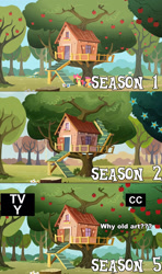 Size: 1058x1785 | Tagged: safe, screencap, season 1, season 2, season 5, clubhouse, comparison, crusaders clubhouse, shading, treehouse