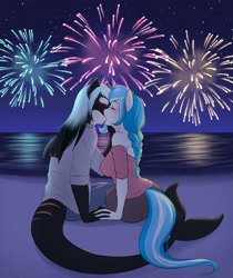 Size: 3199x3800 | Tagged: safe, artist:askbubblelee, oc, oc only, oc:bubble lee, oc:imago, oc:mako, anthro, hybrid, orca pony, original species, unicorn, anthro oc, beach, blushing, female, fireworks, kissing, makolee, male, oc x oc, shipping, straight