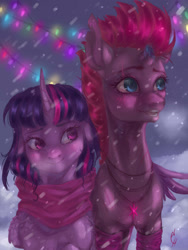 Size: 1200x1600 | Tagged: safe, artist:coconuthound, fizzlepop berrytwist, tempest shadow, twilight sparkle, blushing, broken horn, christmas, christmas lights, clothes, cute, eye scar, female, hearth's warming eve, holiday, horn, hug, jewelry, lesbian, necklace, scar, scarf, shipping, signature, smiling, snow, tempestlight, twiabetes, winghug, winter