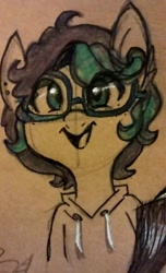 Size: 486x800 | Tagged: safe, artist:hippykat13, oc, oc only, oc:kitty sweet, clothes, curly hair, cute, ear piercing, earring, freckles, glasses, hoodie, jewelry, open mouth, piercing, ponysona, short hair, short mane, sketch, smiling, solo, traditional art