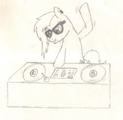 Size: 2270x2210 | Tagged: safe, artist:chronicle23, pony, djing, dubstep, grin, lip piercing, male, monochrome, piercing, ponified, raised hoof, skrillex, smiling, solo, stallion, traditional art, turntable