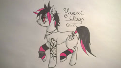 Size: 1600x900 | Tagged: safe, artist:yasumichaan, oc, oc only, oc:rusty needle, bracelet, dog tags, ear piercing, leg warmers, piercing, solo, spiked wristband, tattoo