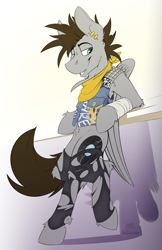 Size: 3016x4646 | Tagged: safe, artist:ralek, oc, oc only, oc:menzing, pony, bandage, bandana, bipedal, clothes, leggings, piercing, punk, solo, torn clothes