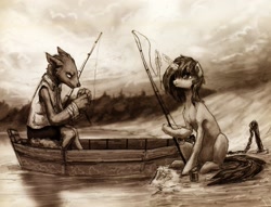 Size: 2361x1805 | Tagged: safe, artist:koviry, oc, oc only, oc:sandy vain, diamond dog, boat, fishing, fishing rod, lake, water