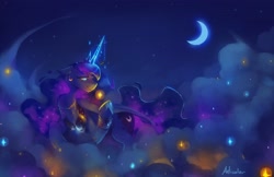 Size: 4096x2650 | Tagged: safe, artist:anticular, princess luna, alicorn, pony, cloud, crescent moon, female, high res, jewelry, mare, moon, night, on a cloud, solo