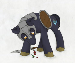 Size: 1000x833 | Tagged: safe, artist:13-1-4-14-5-19-19, earth pony, pony, flower, helmet, shield, sword, warrior