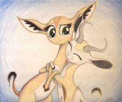 Size: 977x818 | Tagged: safe, artist:thefriendlyelephant, oc, oc only, oc:mmiri, oc:nuk, antelope, gerenuk, springbok, animal in mlp form, big ears, cloven hooves, duo, fluffy, horns, hug, smiling, traditional art