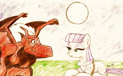 Size: 2075x1288 | Tagged: safe, artist:theoriginalbeatlebug, maud pie, brooklyn, crossover, crossover shipping, female, gargoyles, male, maudlyn, shipping, straight, traditional art