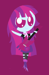 Size: 476x720 | Tagged: safe, artist:kesosofi, mystery mint, equestria girls, background human, chibi, cute, guitar, looking at you, raised eyebrow, rockstar, smirk, solo, waving