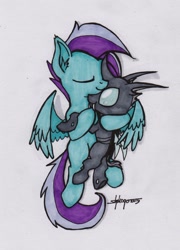 Size: 1000x1388 | Tagged: safe, artist:shikogo, oc, oc only, oc:lightning bug, changeling, pegasus, pony, cuddling, cute, cuteling, hug, snuggling, traditional art