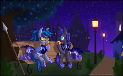 Size: 1600x990 | Tagged: safe, artist:ladybelva, oc, oc:au hasard, oc:mosina, bat pony, pony, apple, armor, bench, cute, date, food, glasses, helmet, juice box, mango, night, night guard, romance, romantic, spear, tree