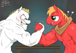 Size: 500x350 | Tagged: safe, artist:drjavi, big macintosh, bulk biceps, anthro, arm wrestling, bare chest, clothes, muscles, strength, topless