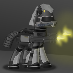 Size: 2507x2507 | Tagged: safe, artist:blue-strokes, oc, oc only, oc:steelhooves, earth pony, pony, fallout equestria, armor, fanfic, fanfic art, gun, machine gun, male, power armor, shooting, solo, stallion, steel ranger, vector, weapon
