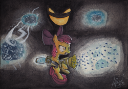 Size: 2442x1710 | Tagged: safe, artist:digiral, apple bloom, bloom and gloom, pest control gear, shadow, shadow bloom, solo, traditional art, twitbuster apple bloom, twittermite
