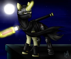 Size: 960x800 | Tagged: safe, artist:dreamworld-art, pony, unicorn, crossover, night, ninja, ninja gaiden, ponified, ryu hayabusa, solo, sword, video game, weapon