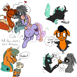 Size: 894x894 | Tagged: safe, artist:sourcherry, oc, oc only, oc:cara, oc:pretty wreck, oc:silk thread, changeling, griffon, colored, cupcake, cute, heart, mug, onomatopoeia, polyamory, raspberry, raspberry noise, scared, vulgar